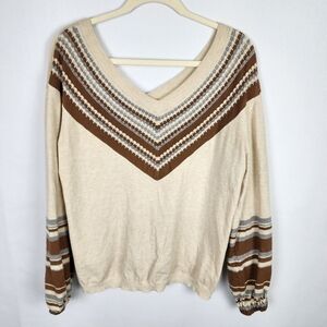 Promesa Women's Small Cream Striped Long Sleeve V-Neck Soft Pullover Sweater